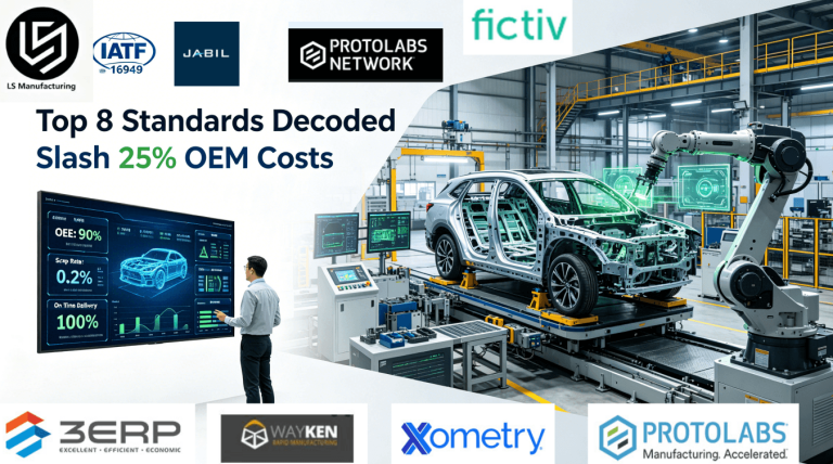 OEM and stamping process leaders monitor a real-time production dashboard showing 90% OEE, 0.2% scrap, and 25% cost reduction, with live automated stamping and inspection footage, in a modern, IATF 16949-certified facility.