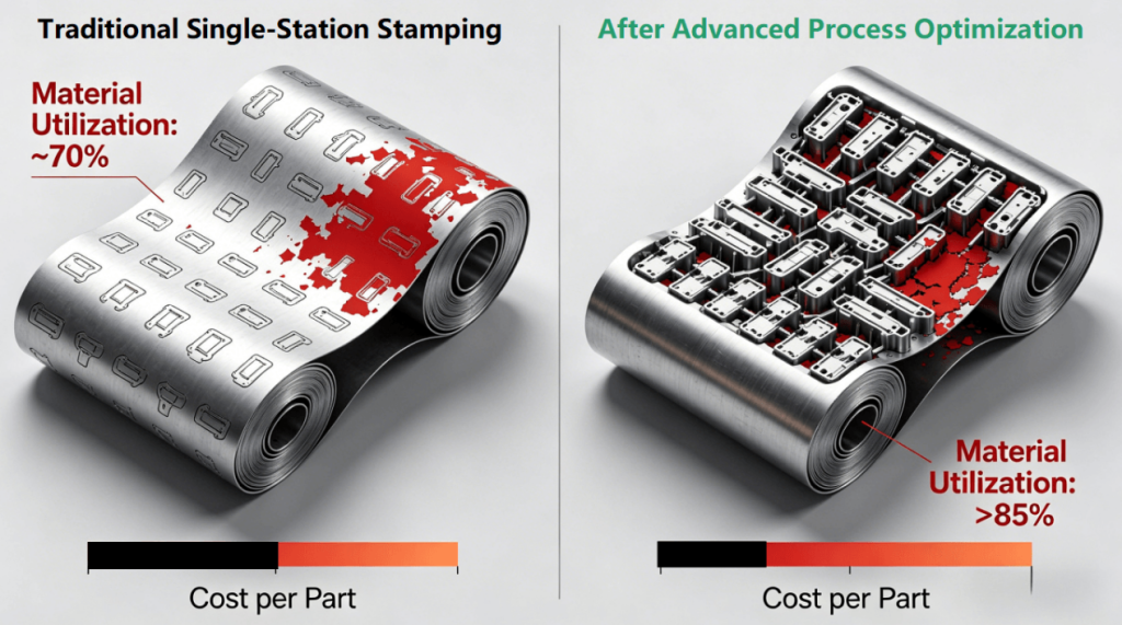 3D infographic comparing the high scrap (low utilization) of traditional single-station stamping with the high material efficiency achieved through advanced virtual nesting and multi-station transfer die processes, as detailed in the H2-5 section on Production Process Optimization.